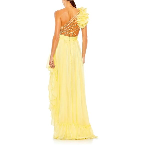 Mac Duggal 67989 Yellow Ruffled One Shoulder Asymmetrical Maxi‎ Gown NEW Size 10 - Picture 3 of 7